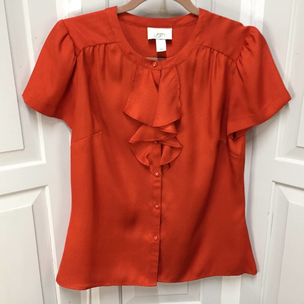 LOFT Orange Button Down Blouse w/ Ruffle Detail - Picture 2 of 16